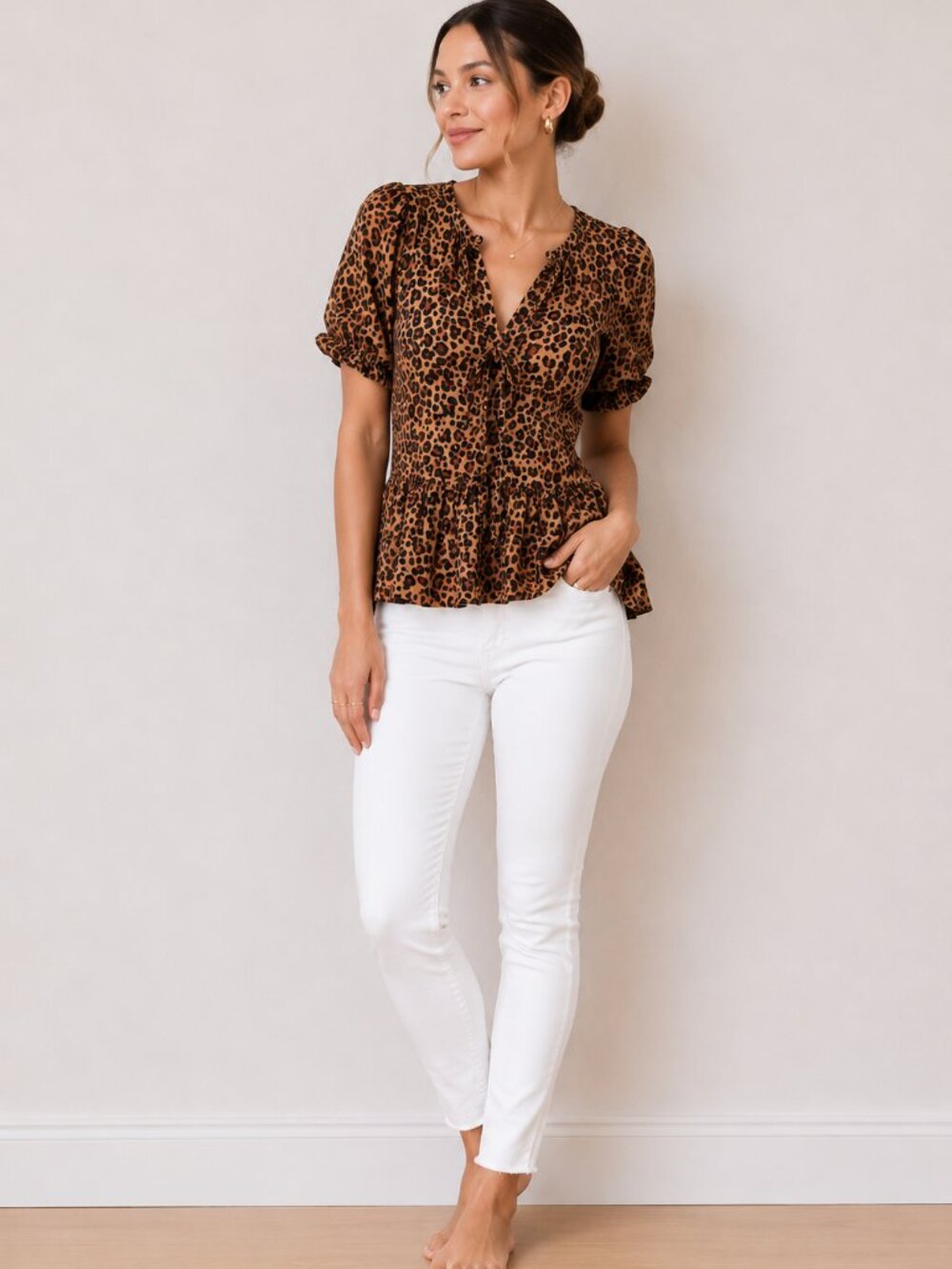 J. Crew Leopard Print V-Neck Peplum Blouse - Camel & Black